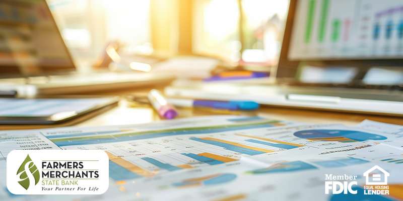 Financial reports with pens and laptops in the background